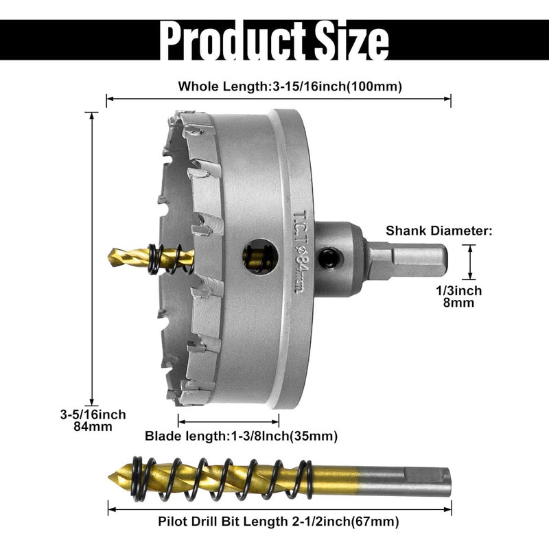 SALI 3-5/16"(84mm) TCT Hole Saw Kit Tungsten Carbide Tipped Hole Saw Drill Bit with Titanium-Plated Pilot Drill bit for Metal, Stainless Steel, Iron, Wood, Plastic - Image 2